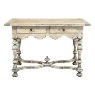 Dutch Stripped Sycamore Writing Table With 2 Drawers and Turned Legs For Sale
