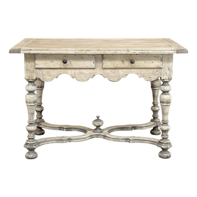 Dutch Stripped Sycamore Writing Table With 2 Drawers and Turned Legs For Sale