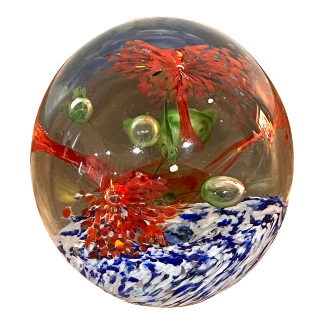 Hand-Blown Art Glass Paperweight – Red Flower Burst With Controlled Bubbles, 2 Lb For Sale