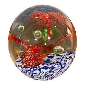 Hand-Blown Art Glass Paperweight – Red Flower Burst With Controlled Bubbles, 2 Lb