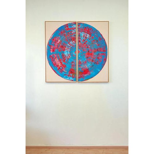 Contemporary Cyan Red Circle Diptych, Contemporary Painting on Canvas, Framed For Sale - Image 3 of 13