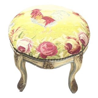 Vintage French Tapestry Footstool – Hand-Made Rooster & Floral Needlepoint. For Sale