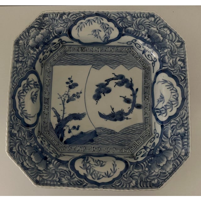 Antique Japanese Ko-Imari Blue and White Octagonal Plate With Landscape For Sale - Image 12 of 18