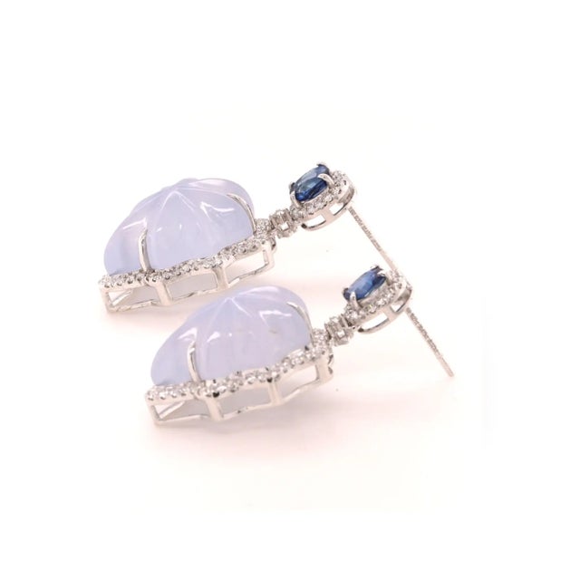 Chalcedony, Sapphire and Diamond Platinum Drop Earrings - Fei Liu, Pair For Sale - Image 4 of 6