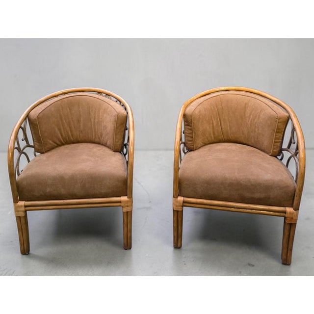 Camel Pair of Maitland-Smith Hollywood Regency Wooden Faux-Bamboo Tub Chairs With Wrought-Iron Scrollwork, Philippines For Sale - Image 8 of 14