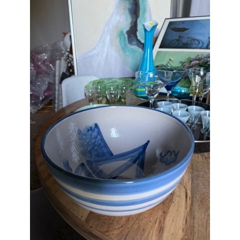 Marc Chagall Late 20th Century Signed Authentic Mary Hadley Blue and White Sailboat Bowl For Sale - Image 4 of 6