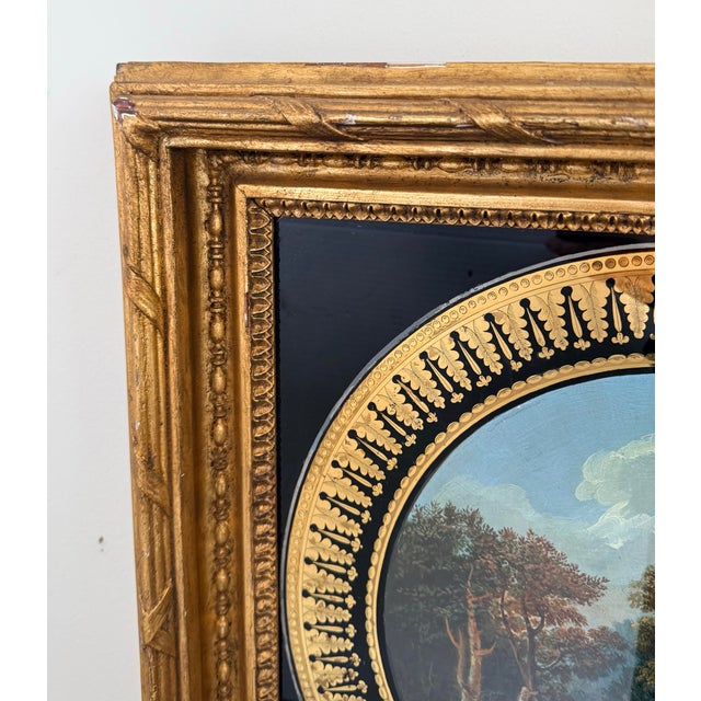 19th Century Reverse Painted Glass Pastoral Landscape in Giltwood Frame For Sale - Image 4 of 7