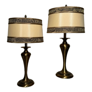Vintage Neoclassical Bronze Metal & Mossy Green Tapestry Shade Table Lamps, a Pair
