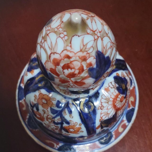 1920s Japanese Imari Style Porcelain Covered Ginger Jar Temple Jar Cherry Blossom Cobalt Blue Iron Red Gold For Sale - Image 9 of 12