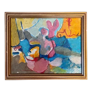 French Mid-Century Modern Abstract Oil Painting of a Domestic Interior