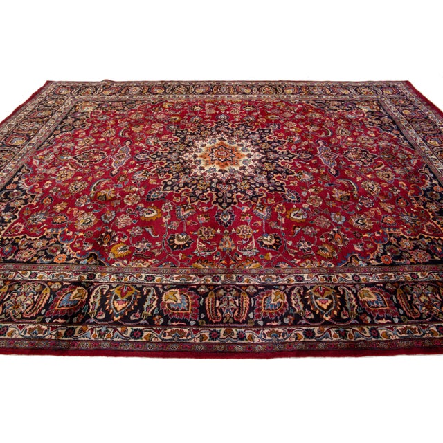 Vintage Mashad Red Wool Rug With a Rosette Design For Sale - Image 4 of 7