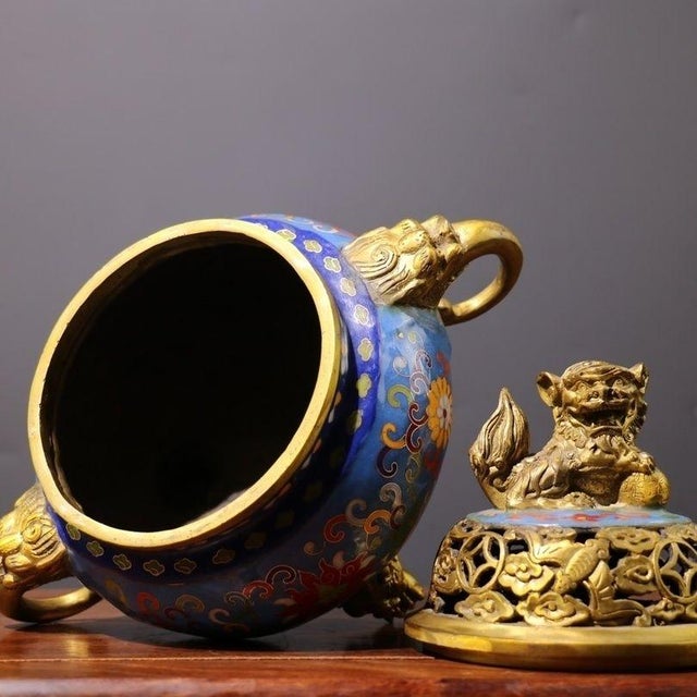 Late 20th Century Late 20th Century Cloisonné Enamel Censer With Lion Finial and Dragon Handles For Sale - Image 5 of 8