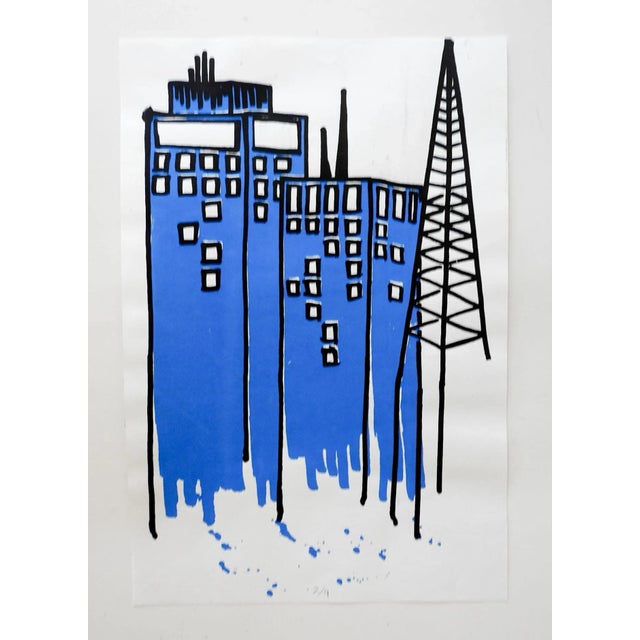 2020s Contemporary Abstract Blue & Black Cityscape Serigraph For Sale - Image 5 of 5