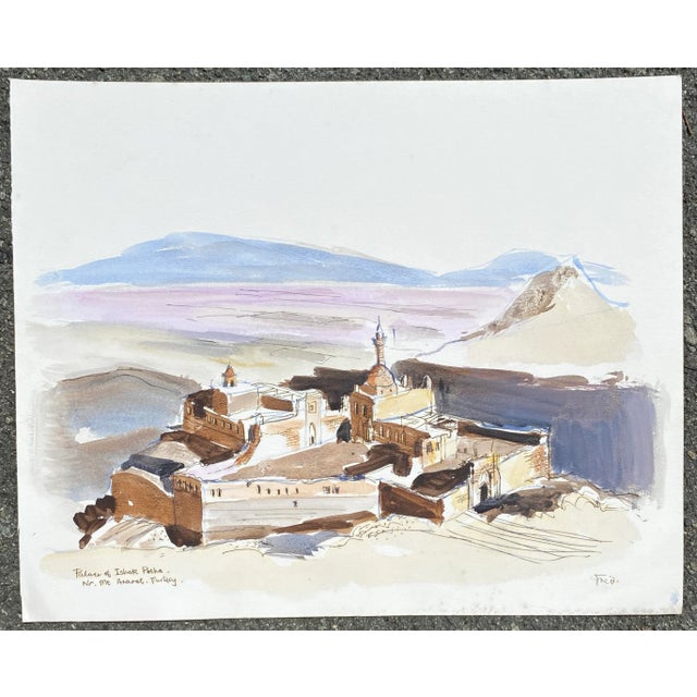 Watercolor by British artist Fred M. Atkinson (1941-2014) "Palace of Ishak Pasha Near Mt. Ararat Turkey." Titled and...