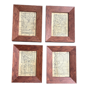 Contemporary Four Original Wayne Cunningham Abstract Marker Drawings on Vintage Book Pages- Set of Four