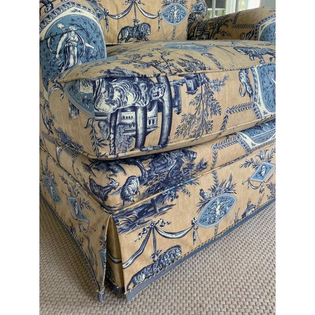 Custom Pierre Frey Braquenié Beige & Blue Toile Club Chair With Manuel Canovas Trim For Sale - Image 11 of 11