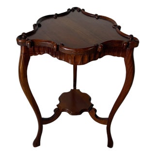 Vintage Carved Mahogany Wood Scalloped End Table With Lower Shelf For Sale