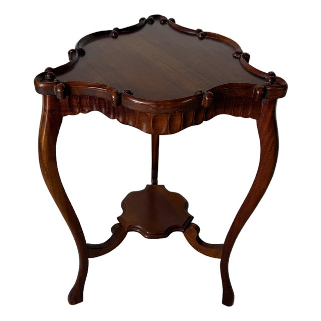 Vintage Carved Mahogany Wood Scalloped End Table With Lower Shelf For Sale