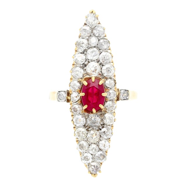 Vintage 14K Gold Old Mine Cut Ruby and Diamond Long Vertical Ring, Size 6 For Sale
