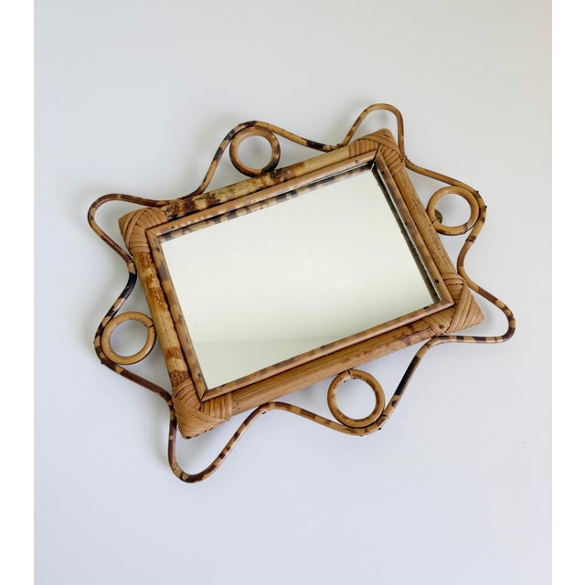 1960s Italian Riviera Style Burnt Bamboo Rattan Wall Mirror With Scalloped Frame For Sale - Image 9 of 10