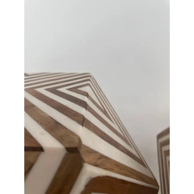 Art Deco Style Brown & White Sculptural Resin & Walnut Side or End Table, a Pair For Sale - Image 9 of 9