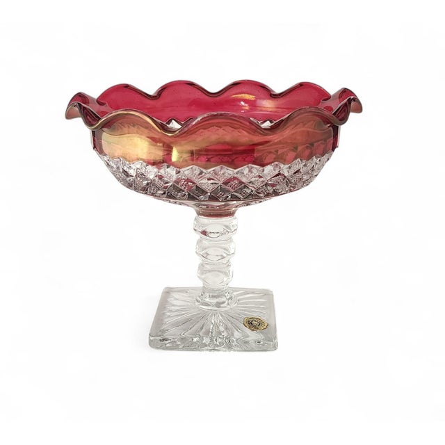 1970s Vintage Ruby Red Flash Westmoreland Glass Co Waterford Crimped Footed Compote Candy Dish 1970s For Sale - Image 5 of 6