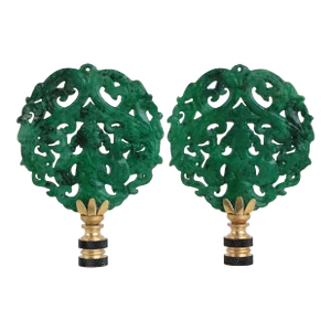 Speckled Jade Green Chinoiserie Lamp Finials - a Pair