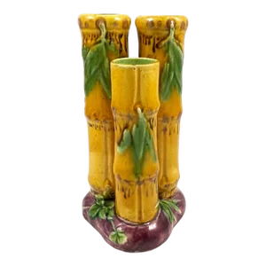 1875 Minton Majolica Tri-Form Bamboo and Leaves Posey Bud Vase, English