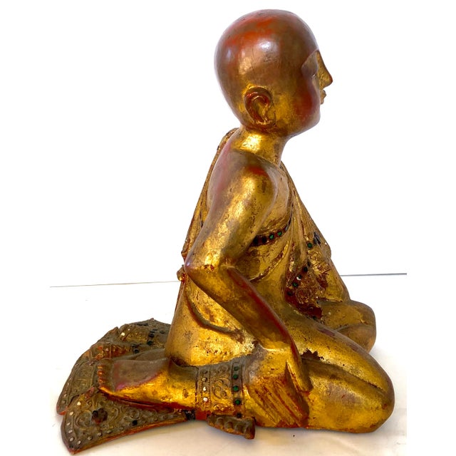 Religious Thai Giltwood Hand Carved Pair of Mandalay Praying and Listening Monks For Sale - Image 3 of 12