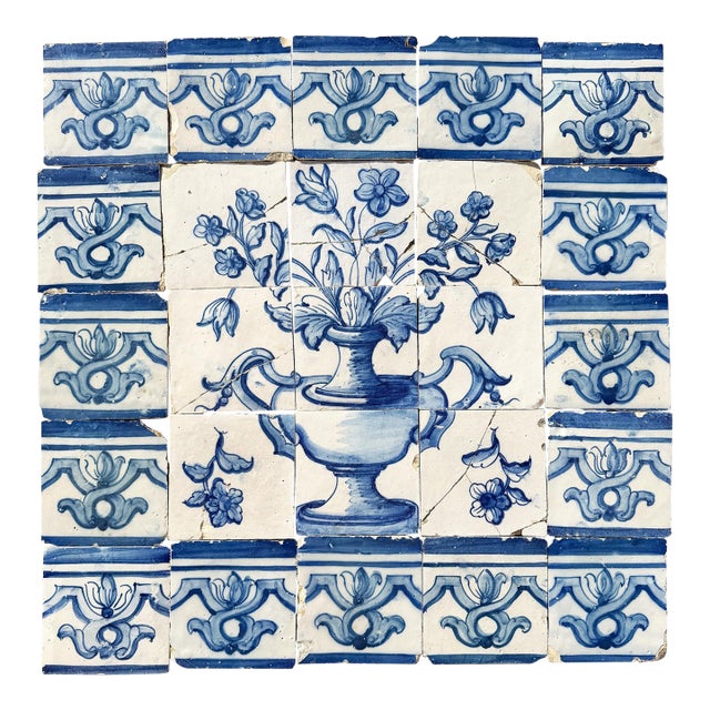 18th Century Portuguese Baroque Blue & White Floral Urn Tile Panel For Sale