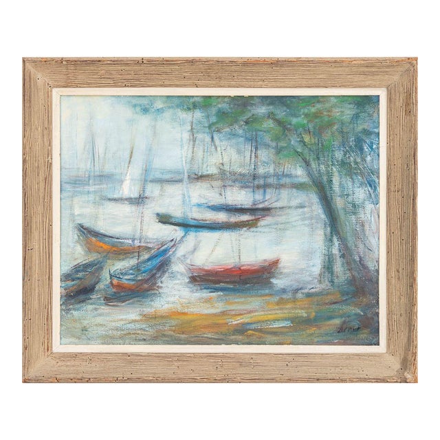 Illegibly Signed Sailboat Scene Oil on Canvas For Sale