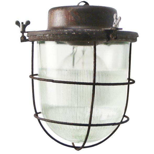 Vintage Industrial Rust Metal Clear Cut Glass Pendant Light For Sale