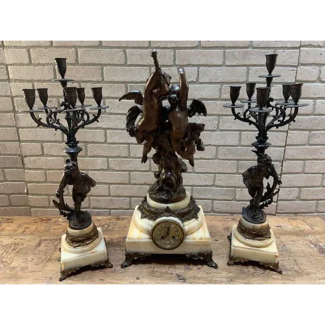 Signed Antique French Bronze Garniture Clock Set by Albert-Ernest Carrier-Belleuse For Sale - Image 12 of 12