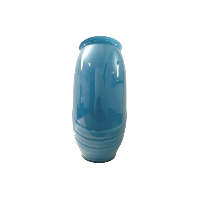 1980s Vintage Postmodern Large Turquoise Ribed Glass Vase, 1980s For Sale - Image 5 of 8