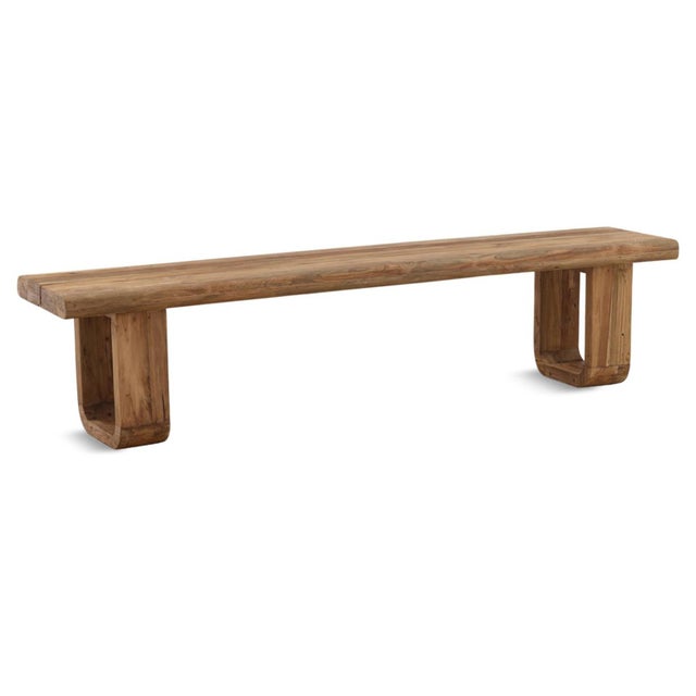 Simple solid salvaged teak wood bench with U base design. Natural finish; each will vary in exact wood tones, grain, and...