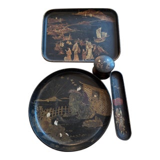 Antique Japanese Black Lacquer & Gilt Trays & Plates For Sale