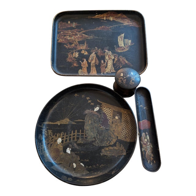 Antique Japanese Black Lacquer & Gilt Trays & Plates For Sale