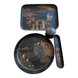 Antique Japanese Black Lacquer & Gilt Trays & Plates