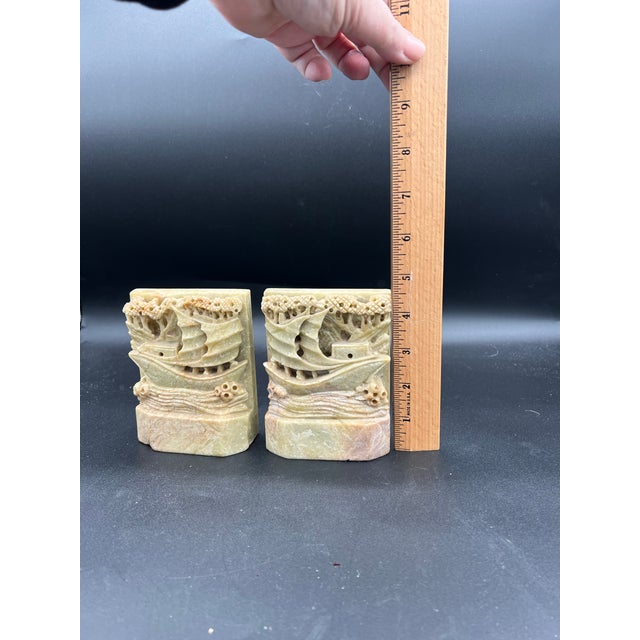 Vintage/Antique Soapstone Hand Carved Mirroring Chinese Bookends Ships Nautical For Sale - Image 10 of 12