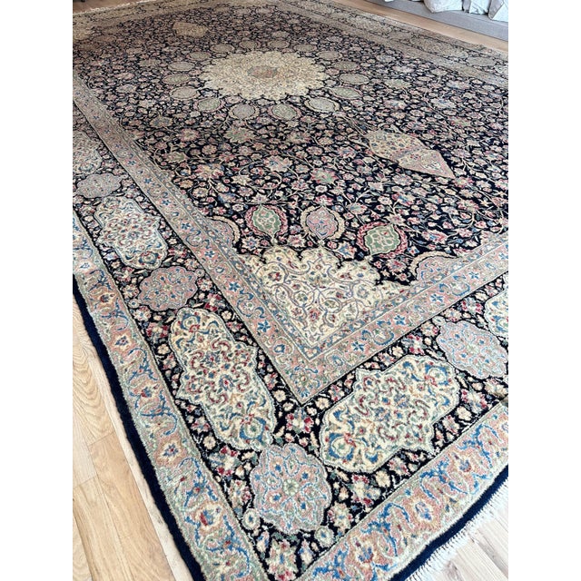 Textile Semi-Antique Kerman Carpet, Handmade Persian Wool Rug, Navy, Ivory, Blue, Pink For Sale - Image 7 of 18