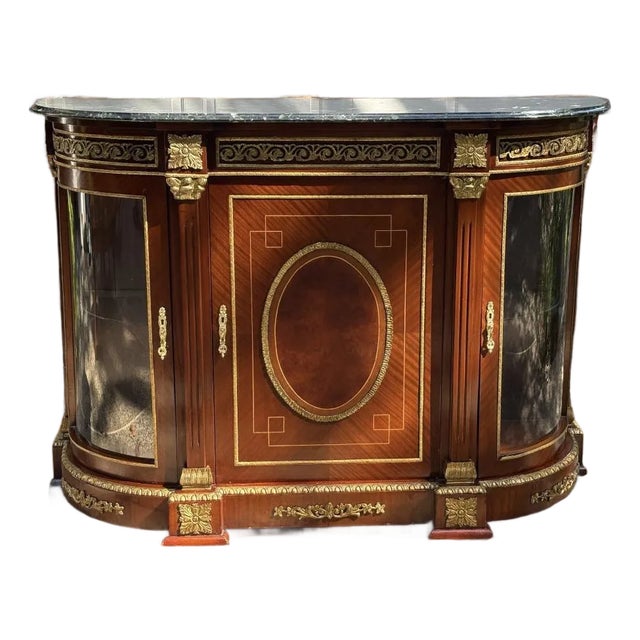 Early 20th Century French Louis XVI Style Mahogany Vitrine Buffet With Green Marble Top For Sale