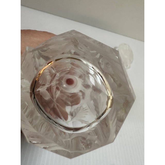 Transparent Vintage Hand Cut Thick Crystal Etched Satin Floral Scene Elegant Perfume Bottle For Sale - Image 8 of 13
