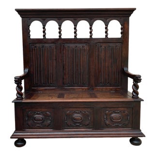 19th Century French Carved Oak Hall Bench Pew Settle Barley Twist Renaissance For Sale