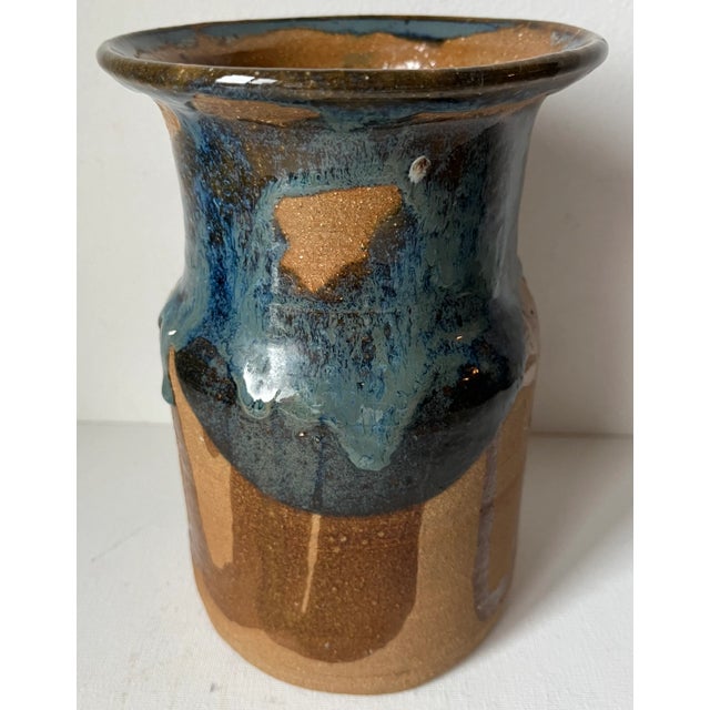 1980s Vintage Studio Art Pottery Turquoise Glazed Vase-Signed For Sale - Image 5 of 7