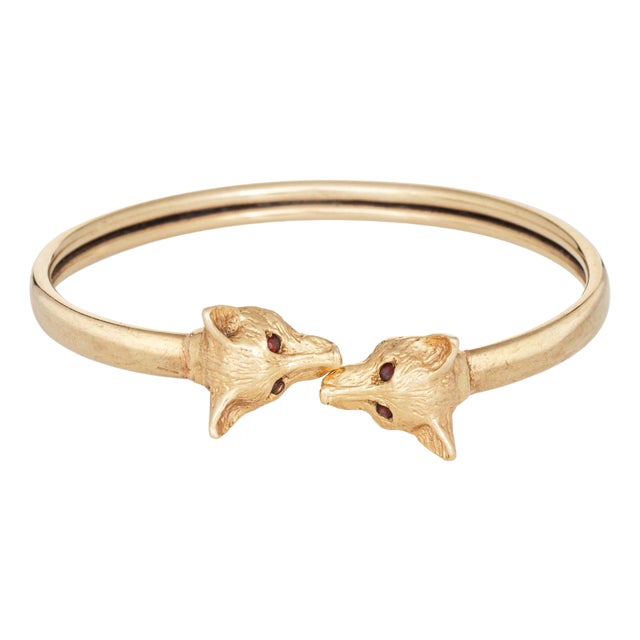 1960s Vintage Double Fox Head Bangle Bracelet 14k Yellow Gold Bypass Estate Jewelry For Sale