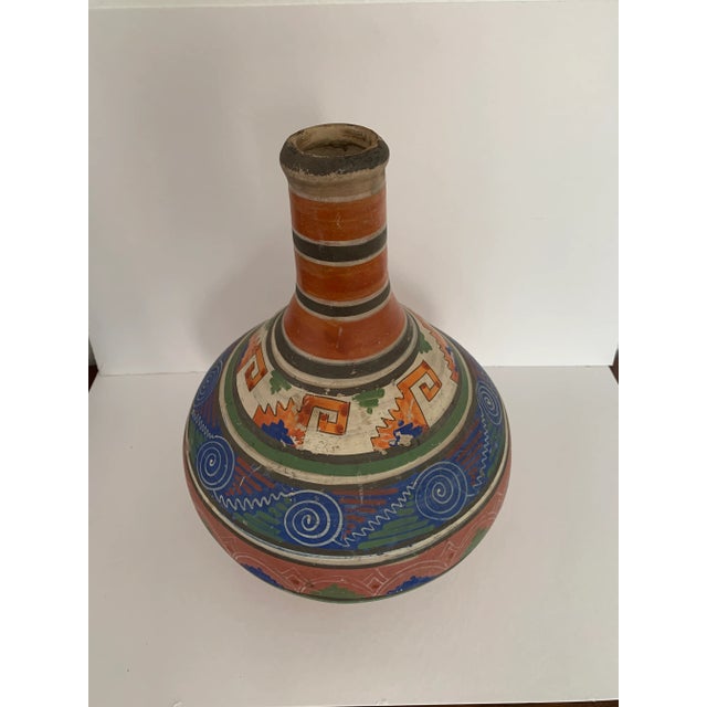 Stunning hand-painted Mexican vessel with beautiful adornment. Subtle dye in a graphic diamond pattern. Could be used as a...