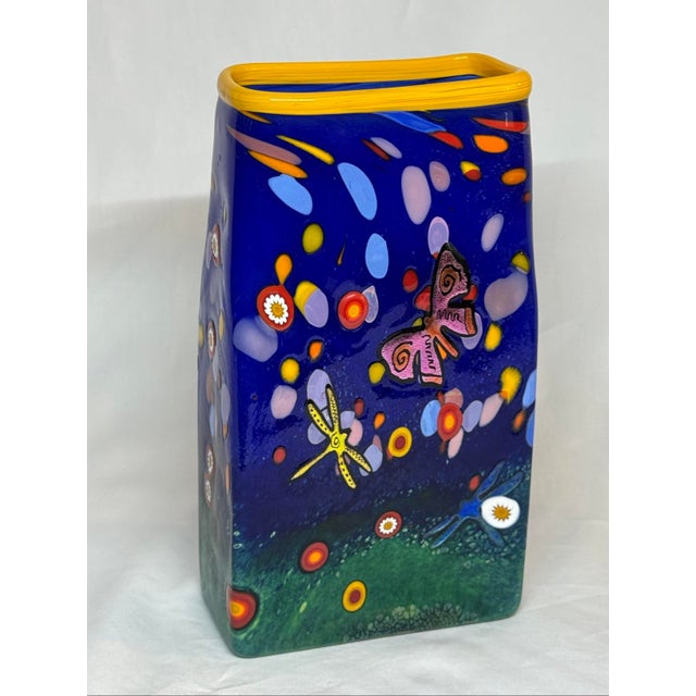Mad Studios multicolor art glass vase with murrines and dichroic butterfly, dragonflies, and gecko. Signed and dated 2006,...