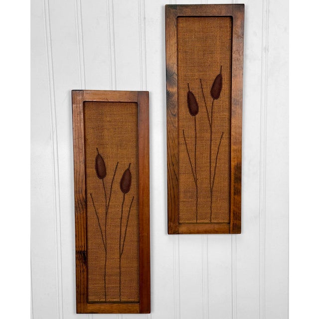 Mid-Century Modern Mid-Century Embroidered Burlap Cattail Framed Wall Art - A Pair For Sale - Image 3 of 11