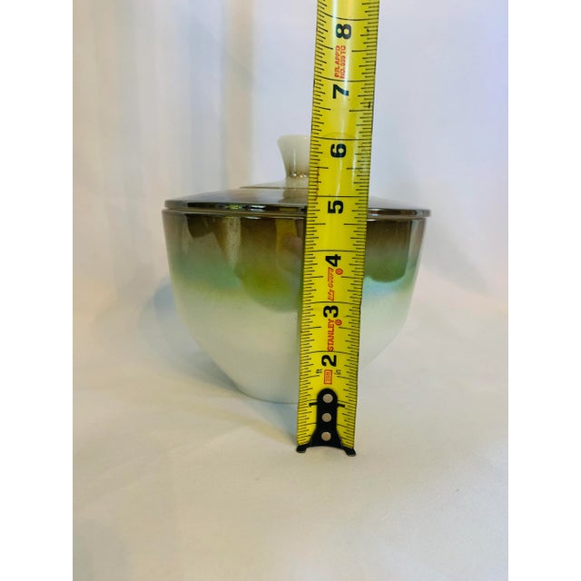 Mid-Century Iridescent Green & Copper Tone Federal Glass Vanity Jar For Sale - Image 9 of 11