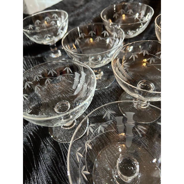Mid-Century Modern Vintage Noritake Mid-Century Modern Sasaki Bamboo Etched Crystal Champagne / Low Sherbert Glasses Set of 13 For Sale - Image 3 of 5